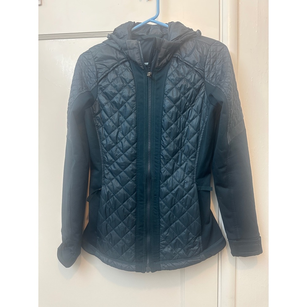 Athleta Hybrid Quilted Hooded Jacket Dark Teal Blue Thumbholes 73851 Womens XS